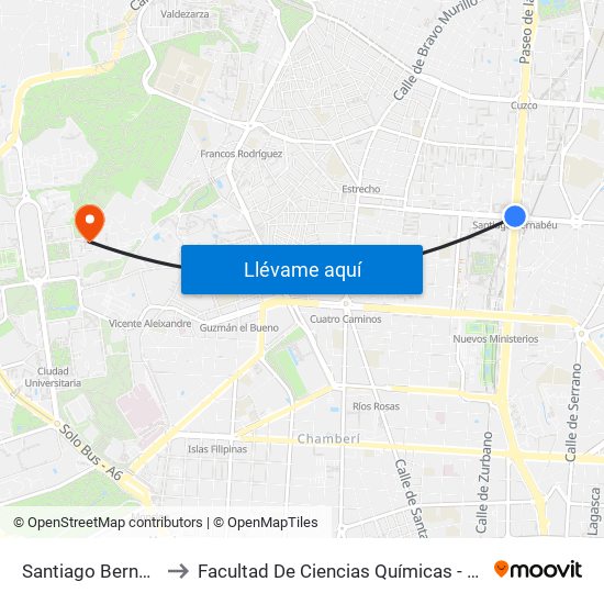 Santiago Bernabéu to Facultad De Ciencias Químicas - Aulario map