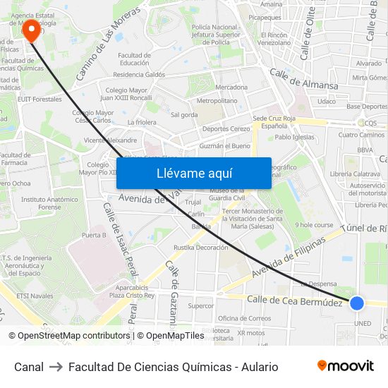 Canal to Facultad De Ciencias Químicas - Aulario map
