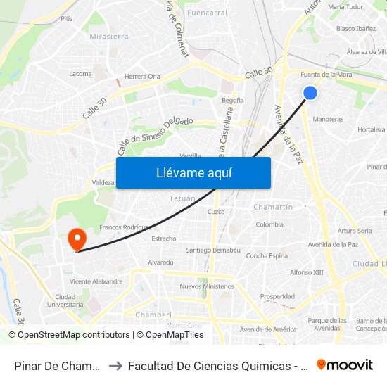 Pinar De Chamartín to Facultad De Ciencias Químicas - Aulario map