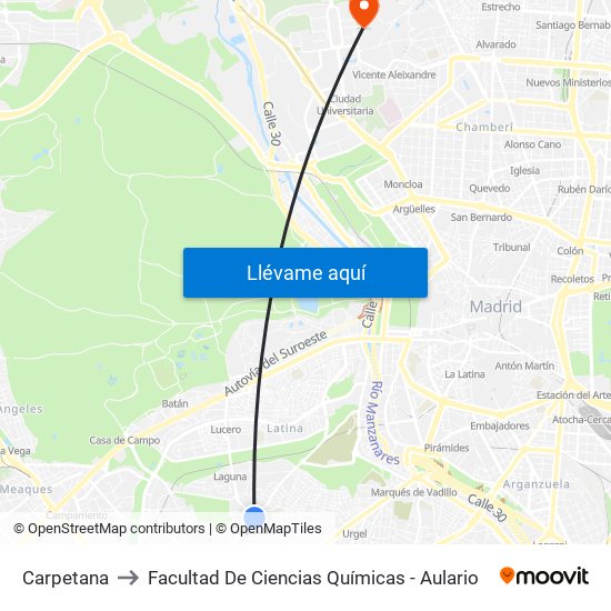 Carpetana to Facultad De Ciencias Químicas - Aulario map