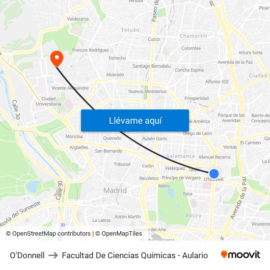 O'Donnell to Facultad De Ciencias Químicas - Aulario map