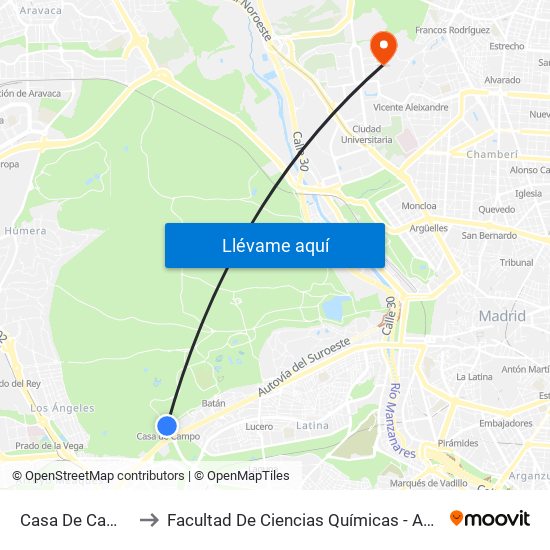 Casa De Campo to Facultad De Ciencias Químicas - Aulario map