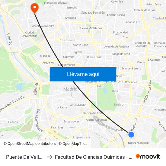 Puente De Vallecas to Facultad De Ciencias Químicas - Aulario map
