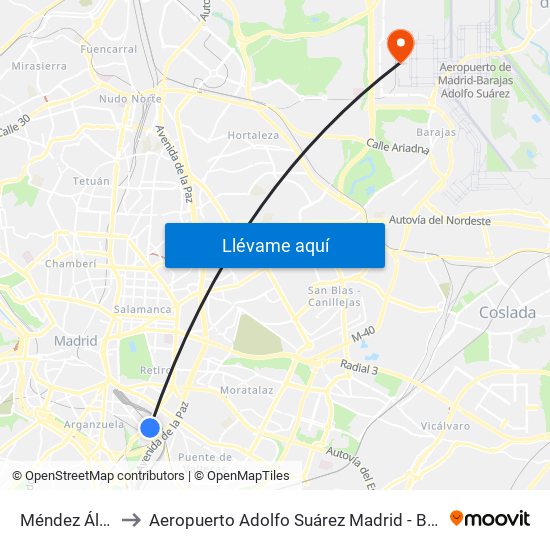 Méndez Álvaro to Aeropuerto Adolfo Suárez Madrid - Barajas T4 map