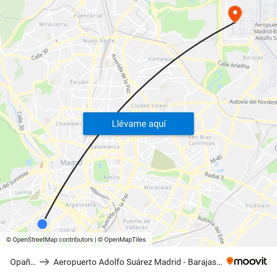 Opañel to Aeropuerto Adolfo Suárez Madrid - Barajas T4 map