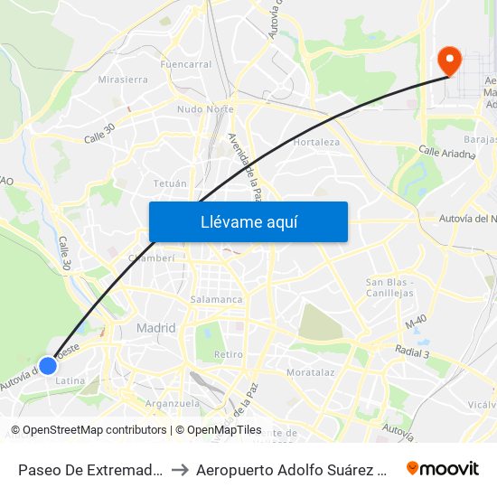Paseo De Extremadura - El Greco to Aeropuerto Adolfo Suárez Madrid - Barajas T4 map