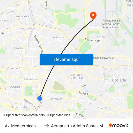 Av. Mediterráneo - Conde Casal to Aeropuerto Adolfo Suárez Madrid - Barajas T4 map