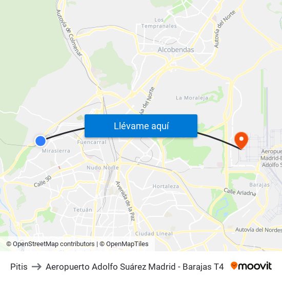 Pitis to Aeropuerto Adolfo Suárez Madrid - Barajas T4 map