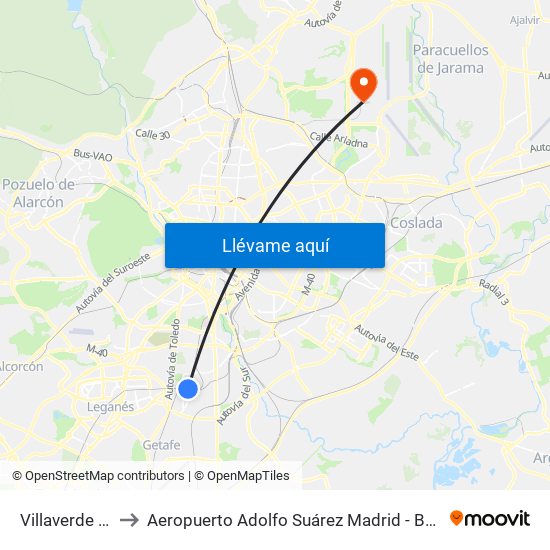 Villaverde Alto to Aeropuerto Adolfo Suárez Madrid - Barajas T4 map