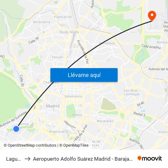 Laguna to Aeropuerto Adolfo Suárez Madrid - Barajas T4 map