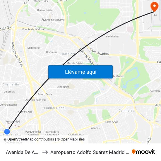 Avenida De América to Aeropuerto Adolfo Suárez Madrid - Barajas T4 map
