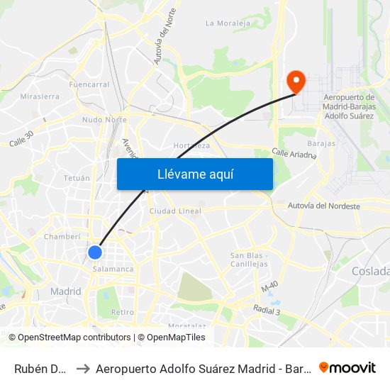 Rubén Darío to Aeropuerto Adolfo Suárez Madrid - Barajas T4 map