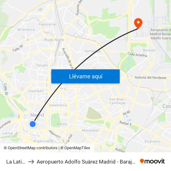 La Latina to Aeropuerto Adolfo Suárez Madrid - Barajas T4 map