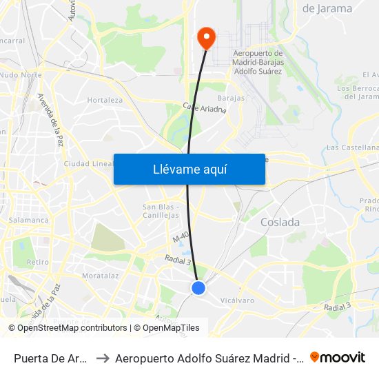Puerta De Arganda to Aeropuerto Adolfo Suárez Madrid - Barajas T4 map