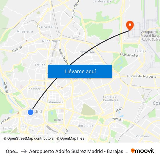 Ópera to Aeropuerto Adolfo Suárez Madrid - Barajas T4 map