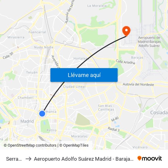 Serrano to Aeropuerto Adolfo Suárez Madrid - Barajas T4 map