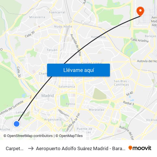 Carpetana to Aeropuerto Adolfo Suárez Madrid - Barajas T4 map