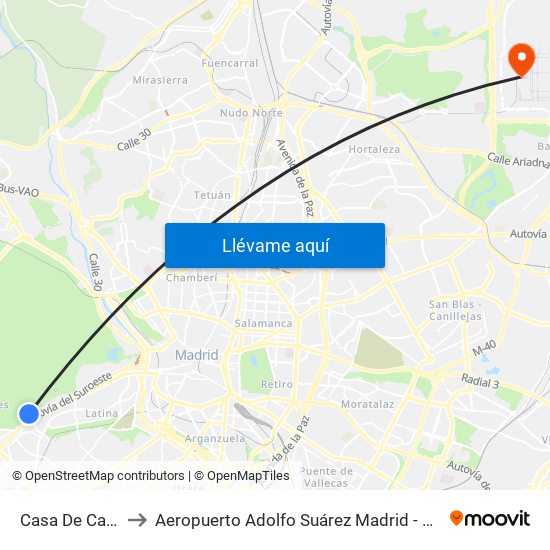 Casa De Campo to Aeropuerto Adolfo Suárez Madrid - Barajas T4 map