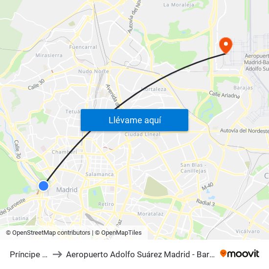 Príncipe Pío to Aeropuerto Adolfo Suárez Madrid - Barajas T4 map