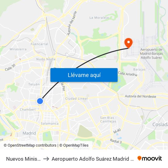 Nuevos Ministerios to Aeropuerto Adolfo Suárez Madrid - Barajas T4 map