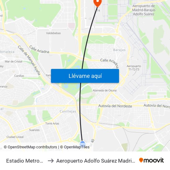 Estadio Metropolitano to Aeropuerto Adolfo Suárez Madrid - Barajas T4 map