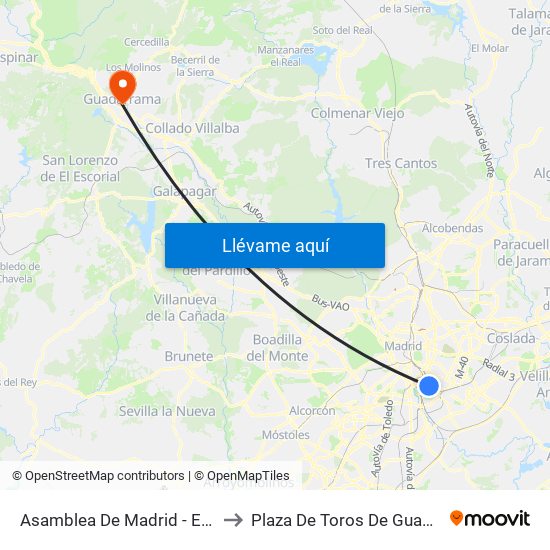 Asamblea De Madrid - Entrevías to Plaza De Toros De Guadarrama map