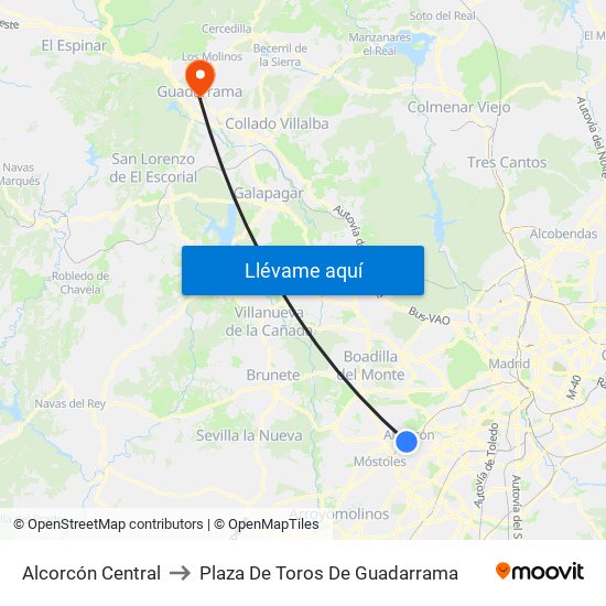 Alcorcón Central to Plaza De Toros De Guadarrama map