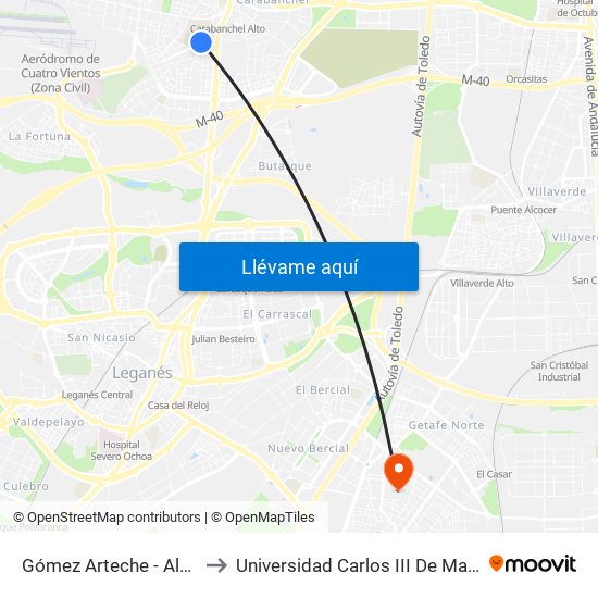 Gómez Arteche - Alzina to Universidad Carlos III De Madrid map