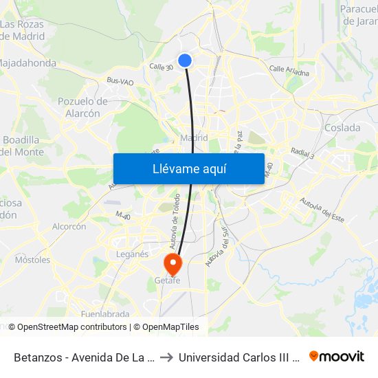 Betanzos - Avenida De La Ilustración to Universidad Carlos III De Madrid map