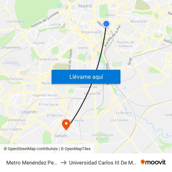 Metro Menéndez Pelayo to Universidad Carlos III De Madrid map
