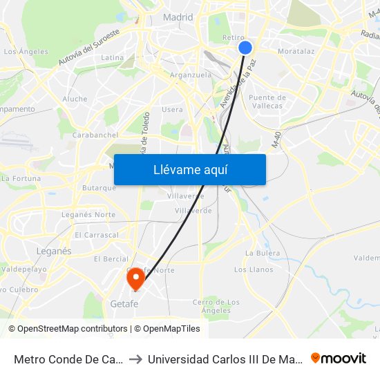Metro Conde De Casal to Universidad Carlos III De Madrid map