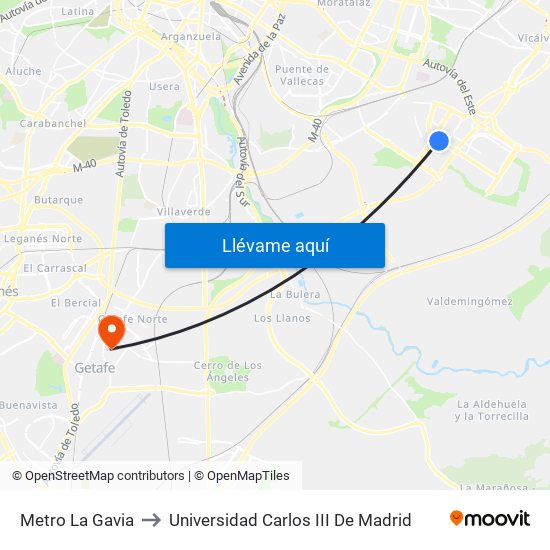 Metro La Gavia to Universidad Carlos III De Madrid map