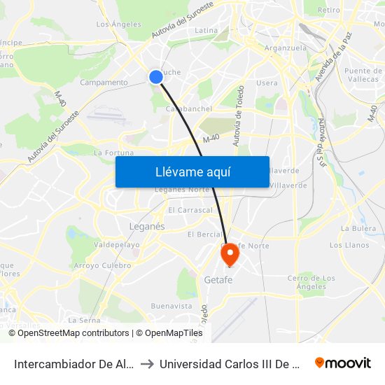 Intercambiador De Aluche to Universidad Carlos III De Madrid map