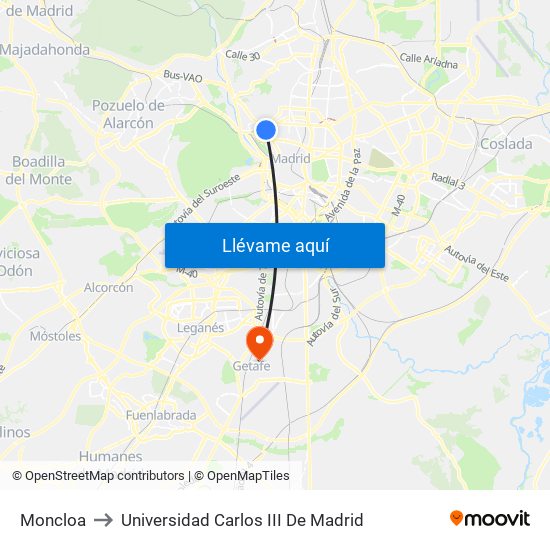 Moncloa to Universidad Carlos III De Madrid map