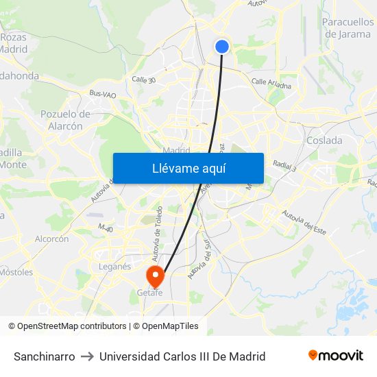 Sanchinarro to Universidad Carlos III De Madrid map