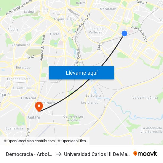 Democracia - Arboleda to Universidad Carlos III De Madrid map