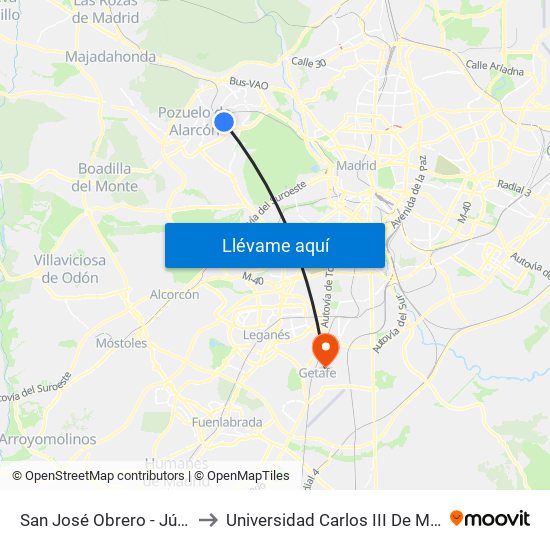 San José Obrero - Júpiter to Universidad Carlos III De Madrid map