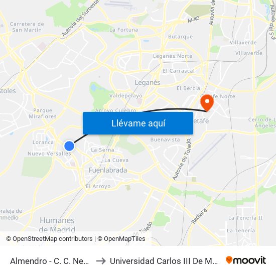 Almendro - C. C. Nexum to Universidad Carlos III De Madrid map