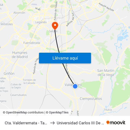 Cta. Valderremata - Tanatorio to Universidad Carlos III De Madrid map