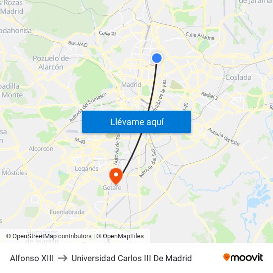 Alfonso XIII to Universidad Carlos III De Madrid map