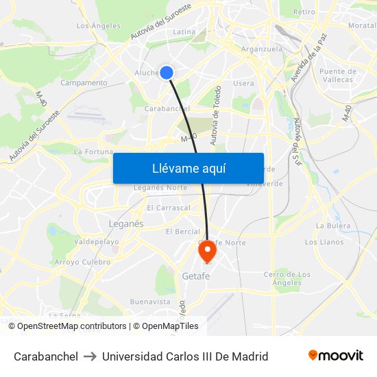 Carabanchel to Universidad Carlos III De Madrid map