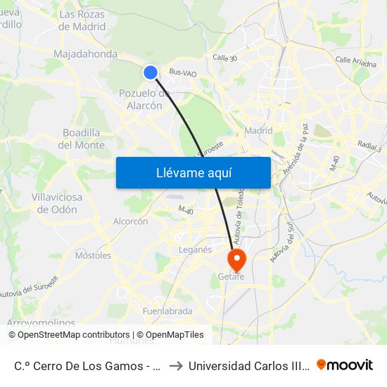 C.º Cerro De Los Gamos - Est. El Barrial to Universidad Carlos III De Madrid map