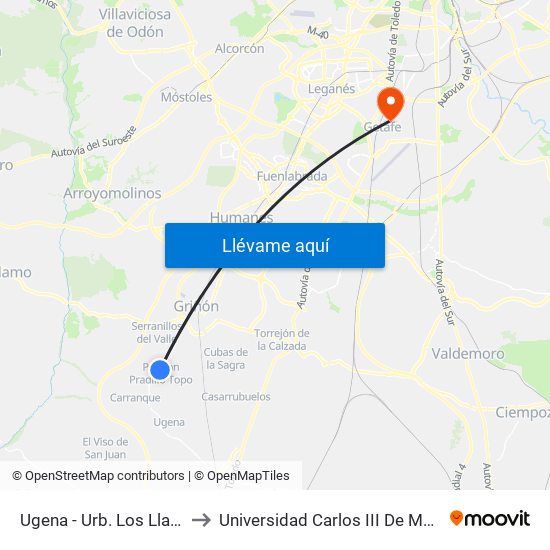 Ugena - Urb. Los Llanos to Universidad Carlos III De Madrid map