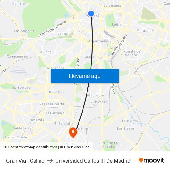 Gran Vía - Callao to Universidad Carlos III De Madrid map