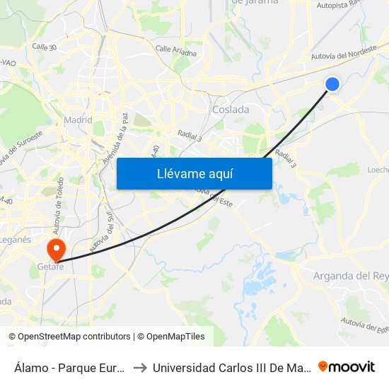 Álamo - Parque Europa to Universidad Carlos III De Madrid map