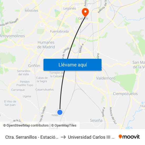 Ctra. Serranillos / Estación De Yeles, Yeles to Universidad Carlos III De Madrid map