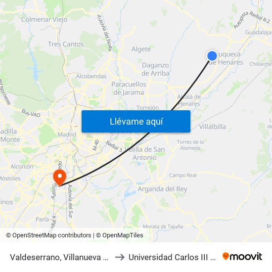 Valdeserrano, Villanueva De La Torre to Universidad Carlos III De Madrid map