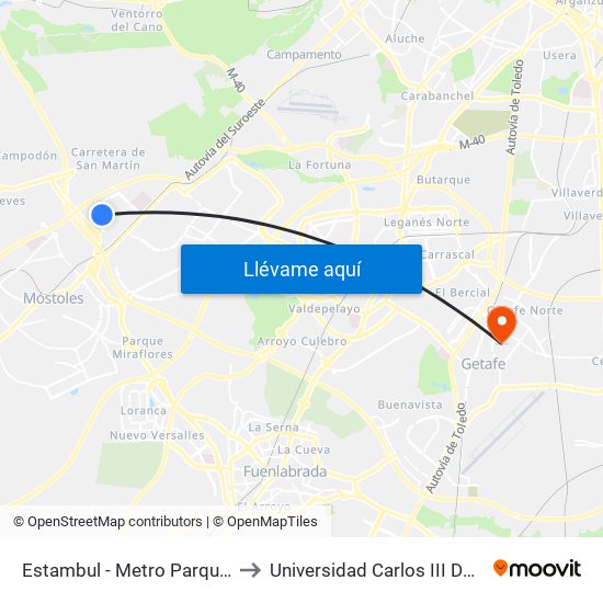 Estambul - Metro Parque Oeste to Universidad Carlos III De Madrid map