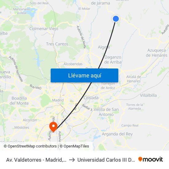 Av. Valdetorres - Madrid, El Casar to Universidad Carlos III De Madrid map
