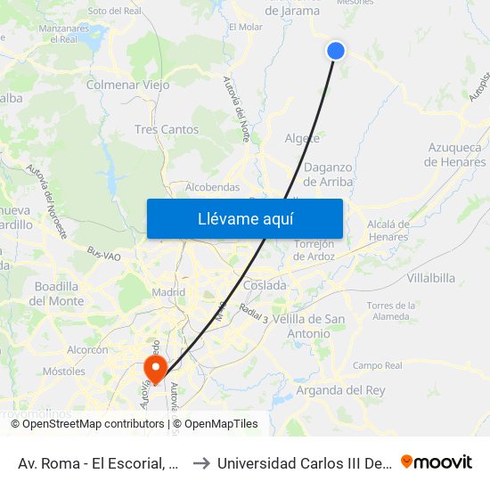 Av. Roma - El Escorial, El Casar to Universidad Carlos III De Madrid map